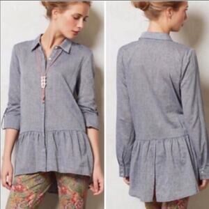 ANTHROPOLOGIE SUNDAY BROOKLYN Peplum Ruffle Chambray Button Blouse Shirt Top S